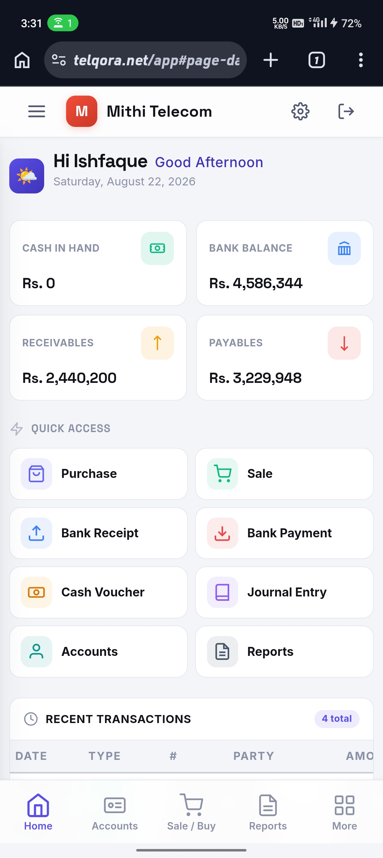 Telqora app dashboard showing cash, bank balance, receivables, payables, and quick access to invoicing features